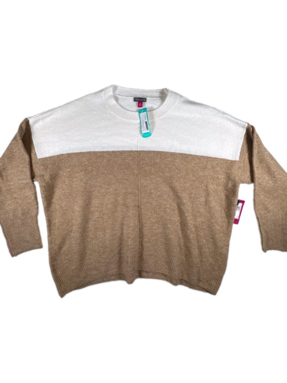 Vince Camuto Cozy Sweater Womens XL Camel White Long Sleeve Crew Neck Pullover